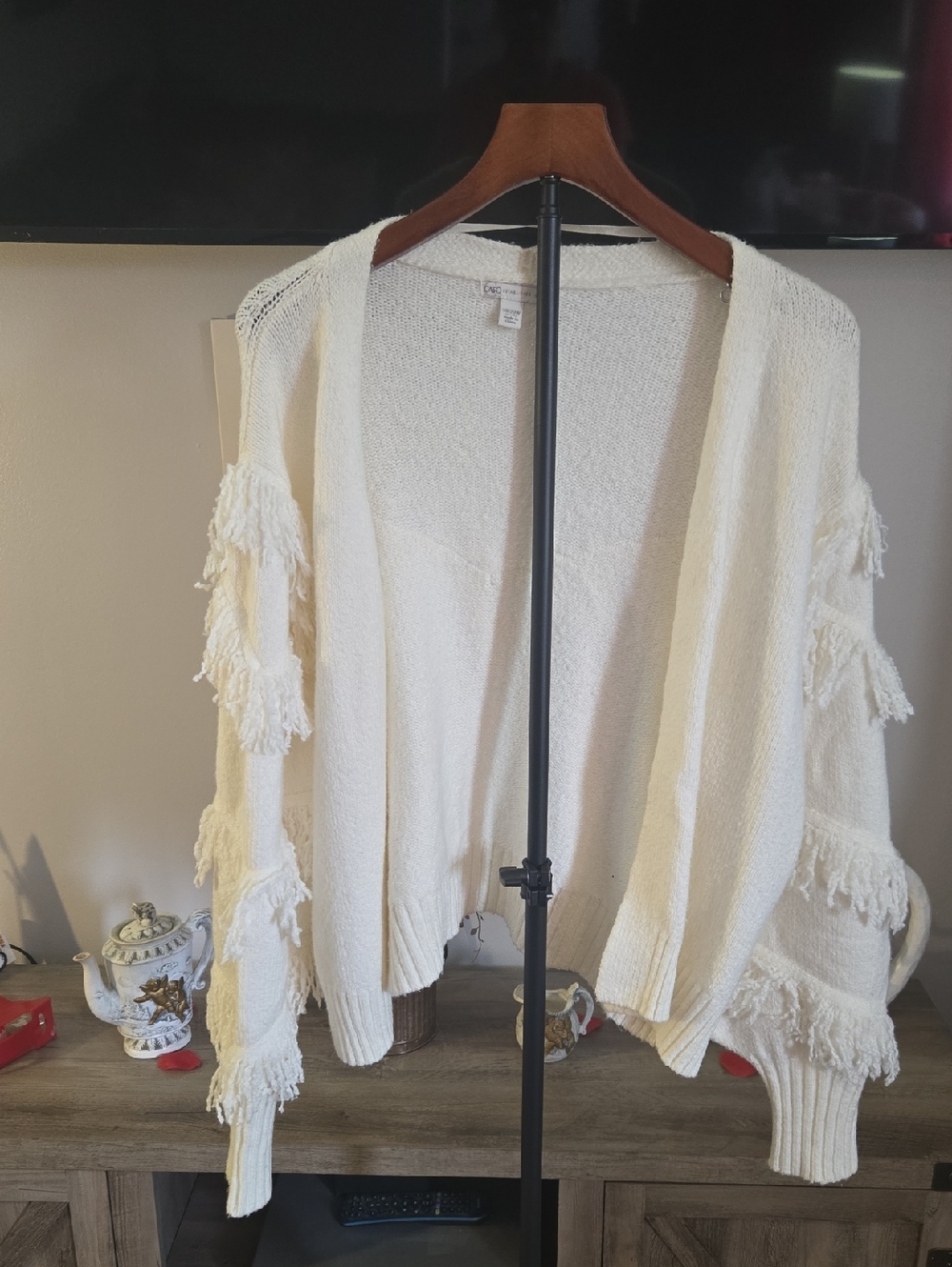 Cato Cream Fringe Open-Front Cardigan